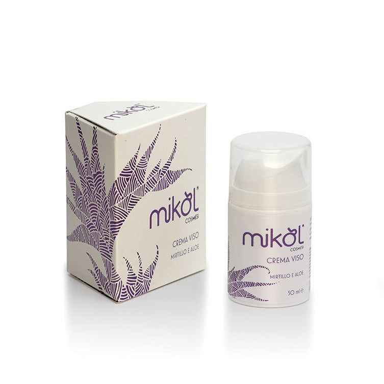 Crema viso Mikol cosmesi-MIRTILLO E ALOE- Nutre in profondità la pelle del viso e permette di mantenere il giusto tasso di umidità ed idratazione nello strato corneo-airless 50 ml