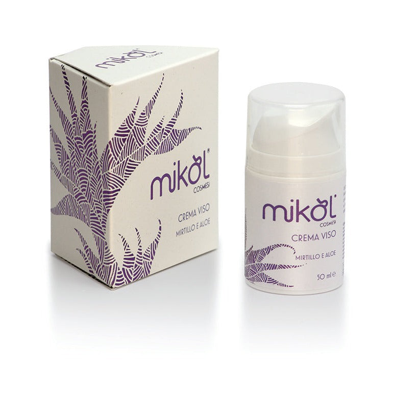 Crema viso Mikol cosmesi-MIRTILLO E ALOE- Nutre in profondità la pelle del viso e permette di mantenere il giusto tasso di umidità ed idratazione nello strato corneo-airless 50 ml